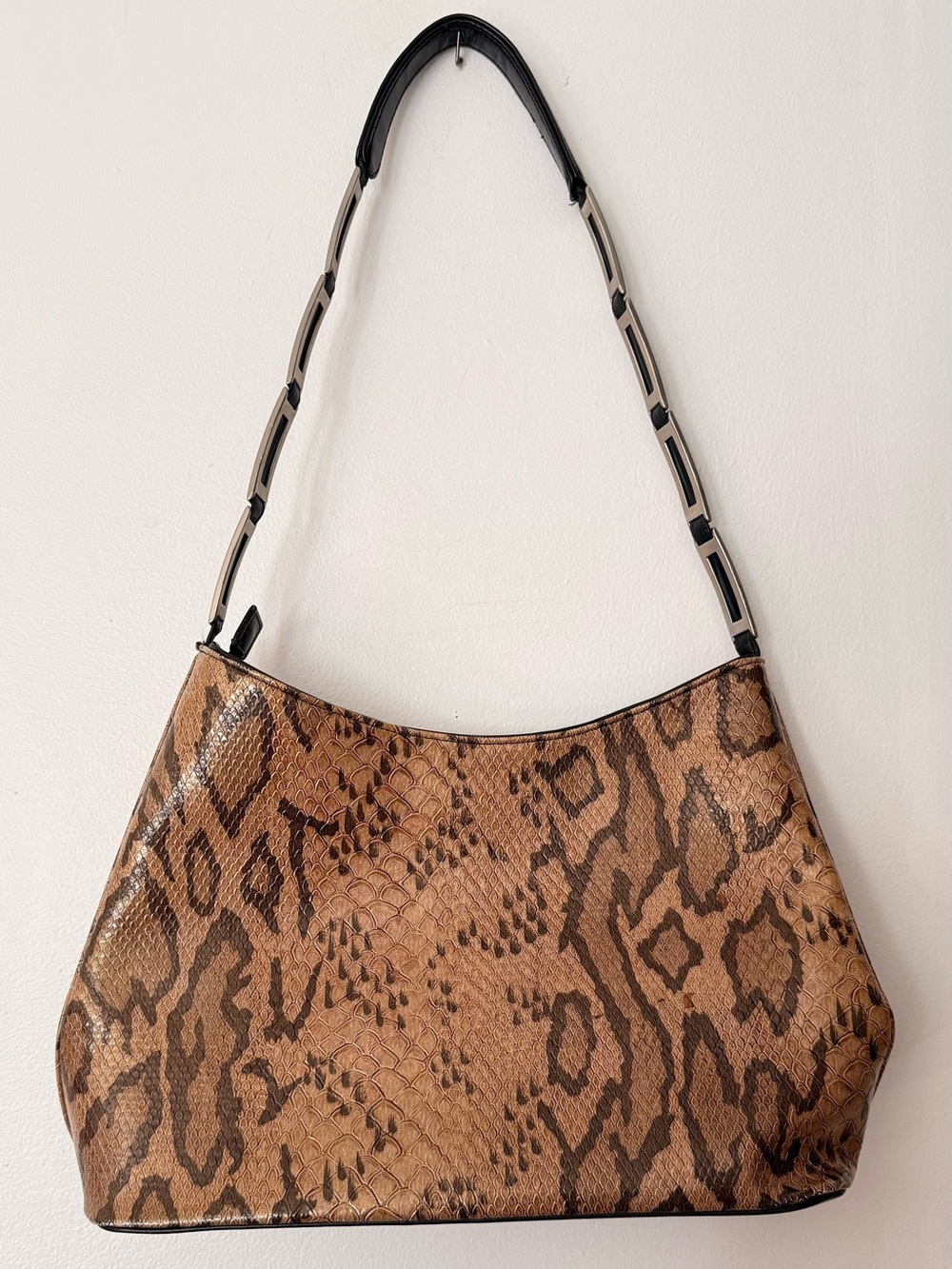 Designer-Inspired Tan and Dark Brown Snake-Print Shoulder Bag - Picture 2 of 7